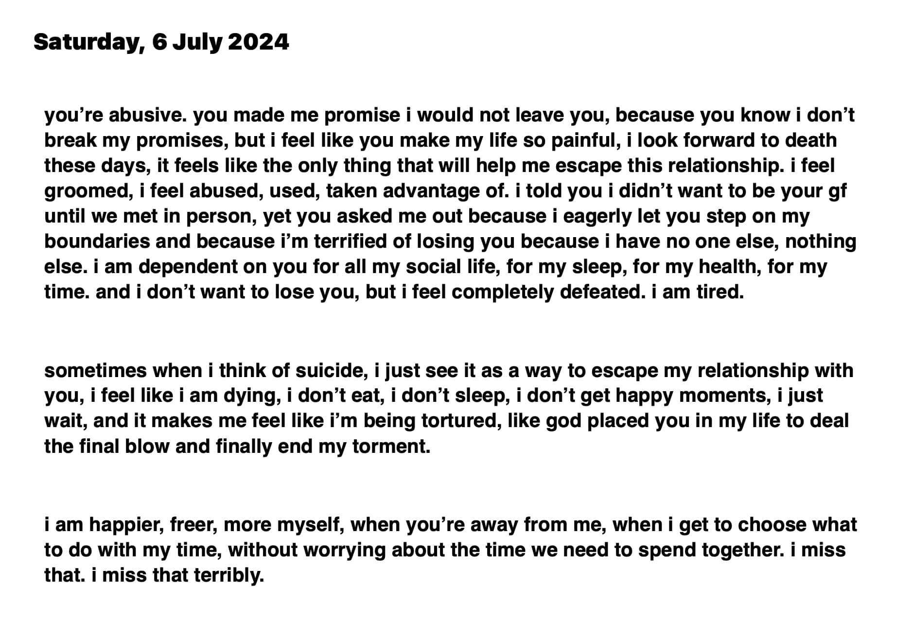 Journal entry in which Valentina struggles with the abuse